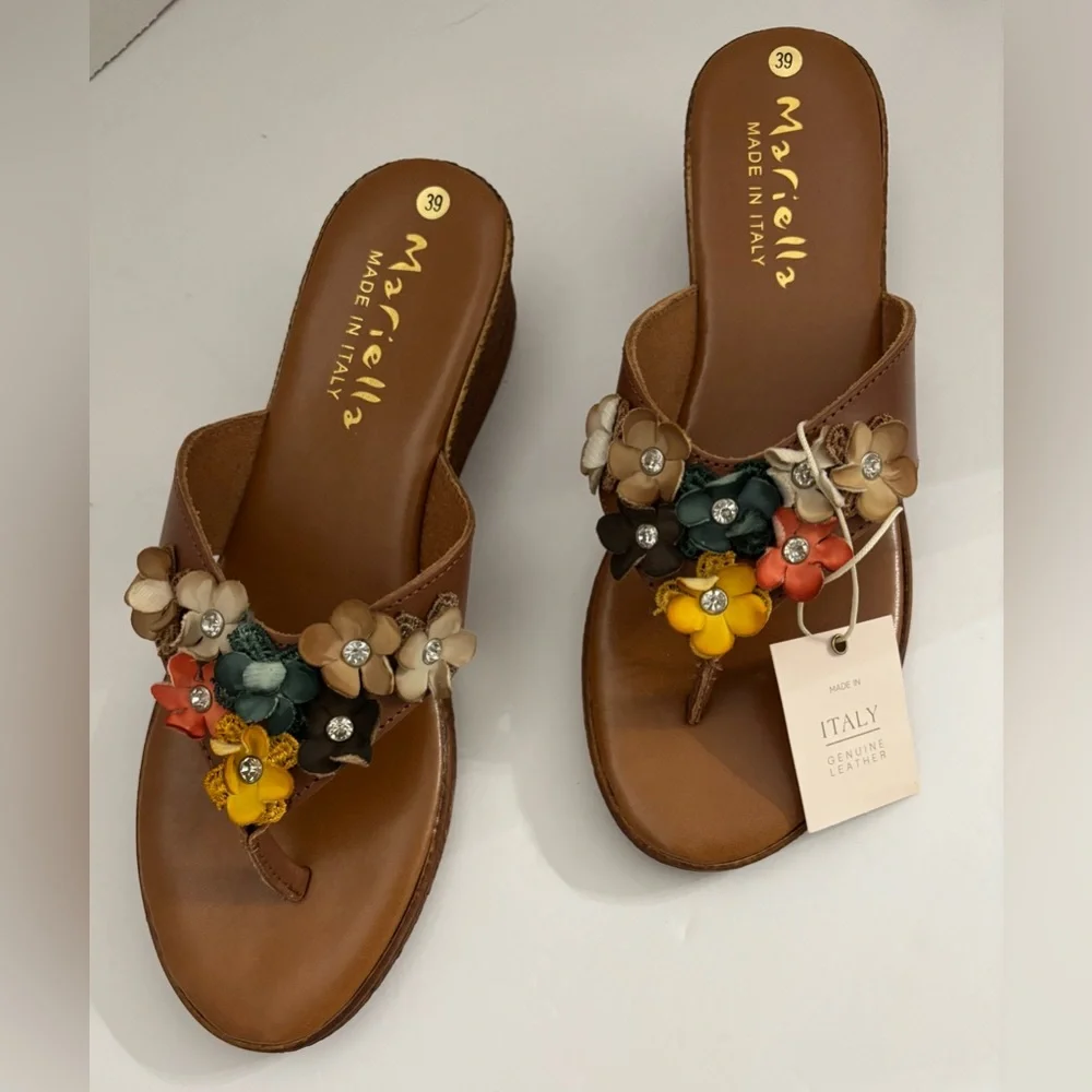 Mariella Women Made in Italy Tan Leather Floral Wedge Sandals Size 39 Summer